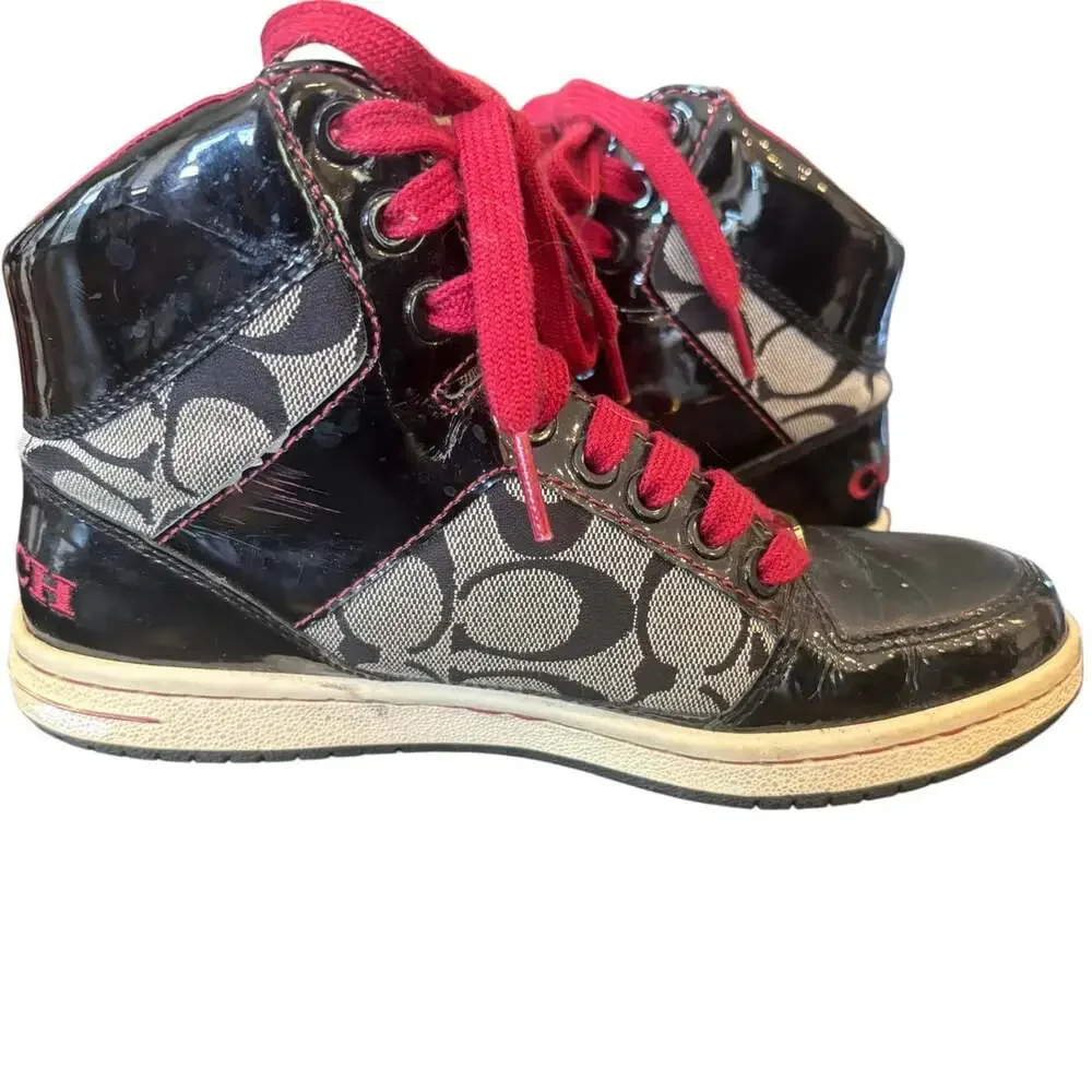 Coach Norra High Top Sneaker Q368 Women's 6 Black Signature Canvas Patent Red